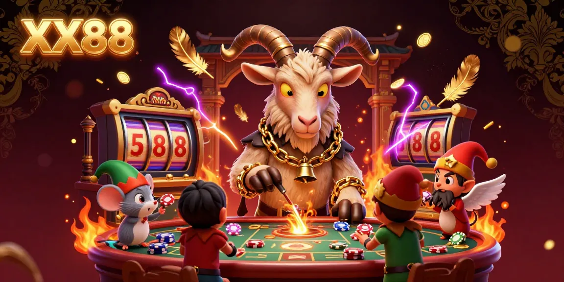Engage in thrilling gameplay at XX88 with a festive casino scene featuring a Krampus goat, angel mouse, and elf gremlins.