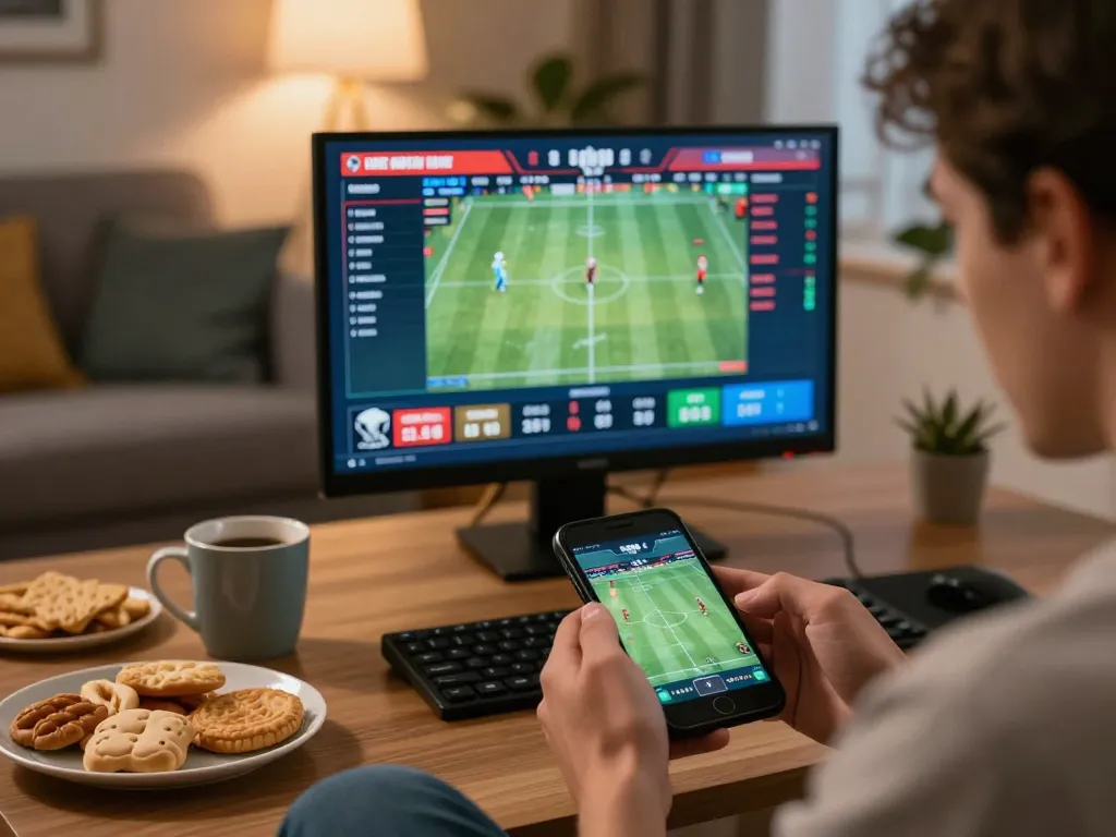 nhandinhkeonhacai user actively placing bets on a live sports event in a cozy home environment