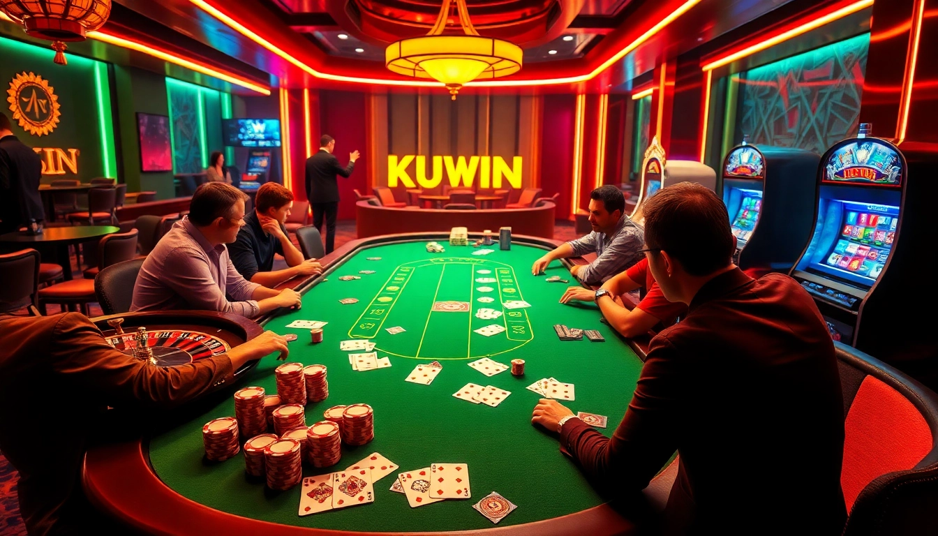 Experience the thrill of KUWIN with intense poker gameplay at a vibrant casino table.