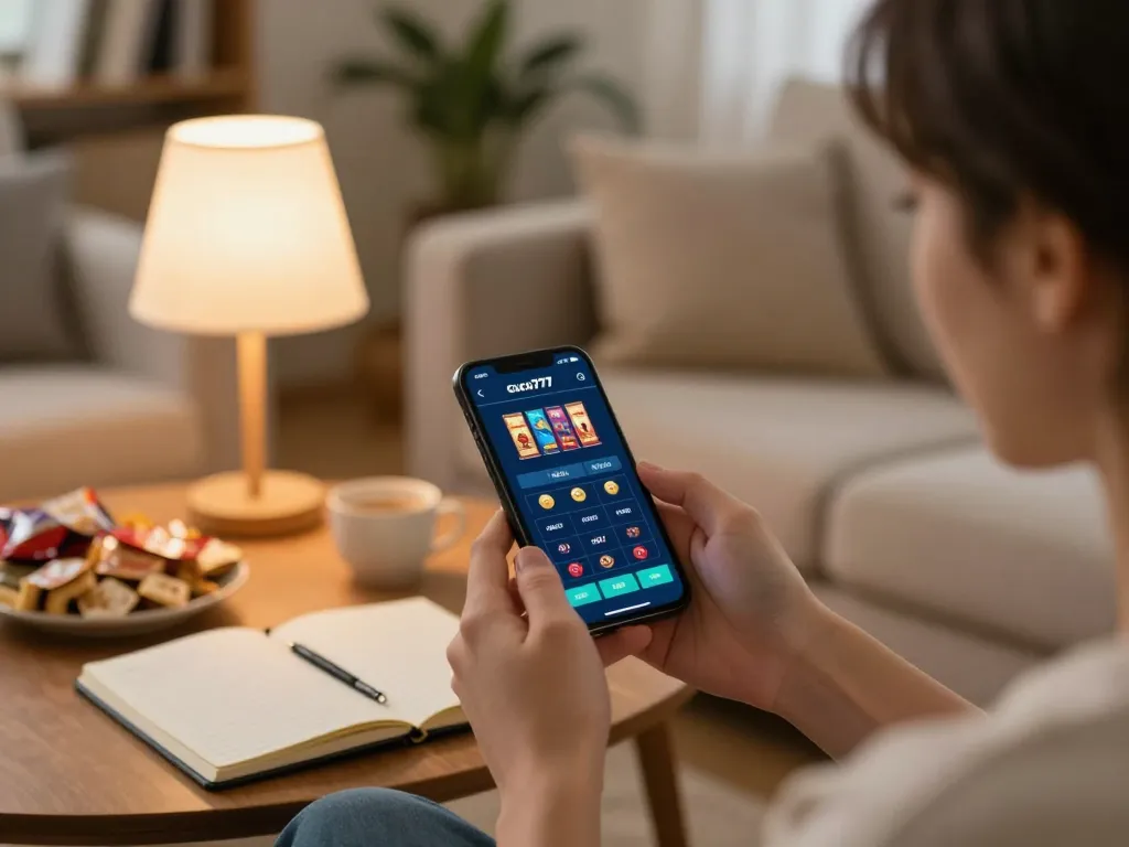 Cucu777 user enjoying mobile gaming experience at home with smartphone and betting notebook.