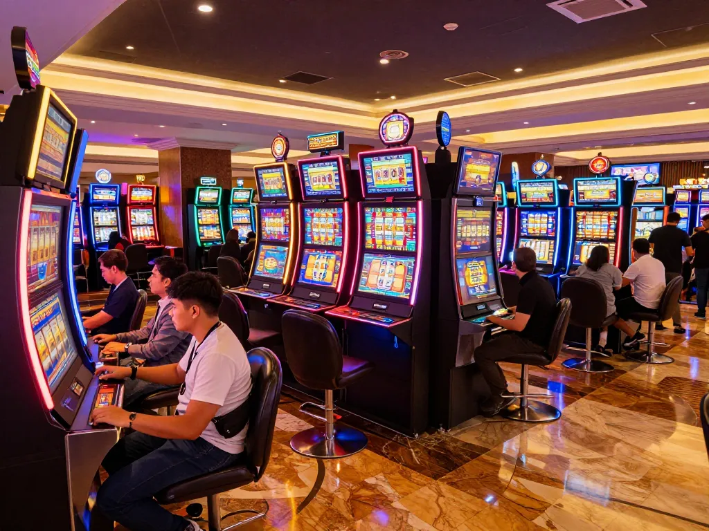 Players enjoying an exciting gaming experience at tg88 casino, vibrant slot machines spinning with colorful displays.