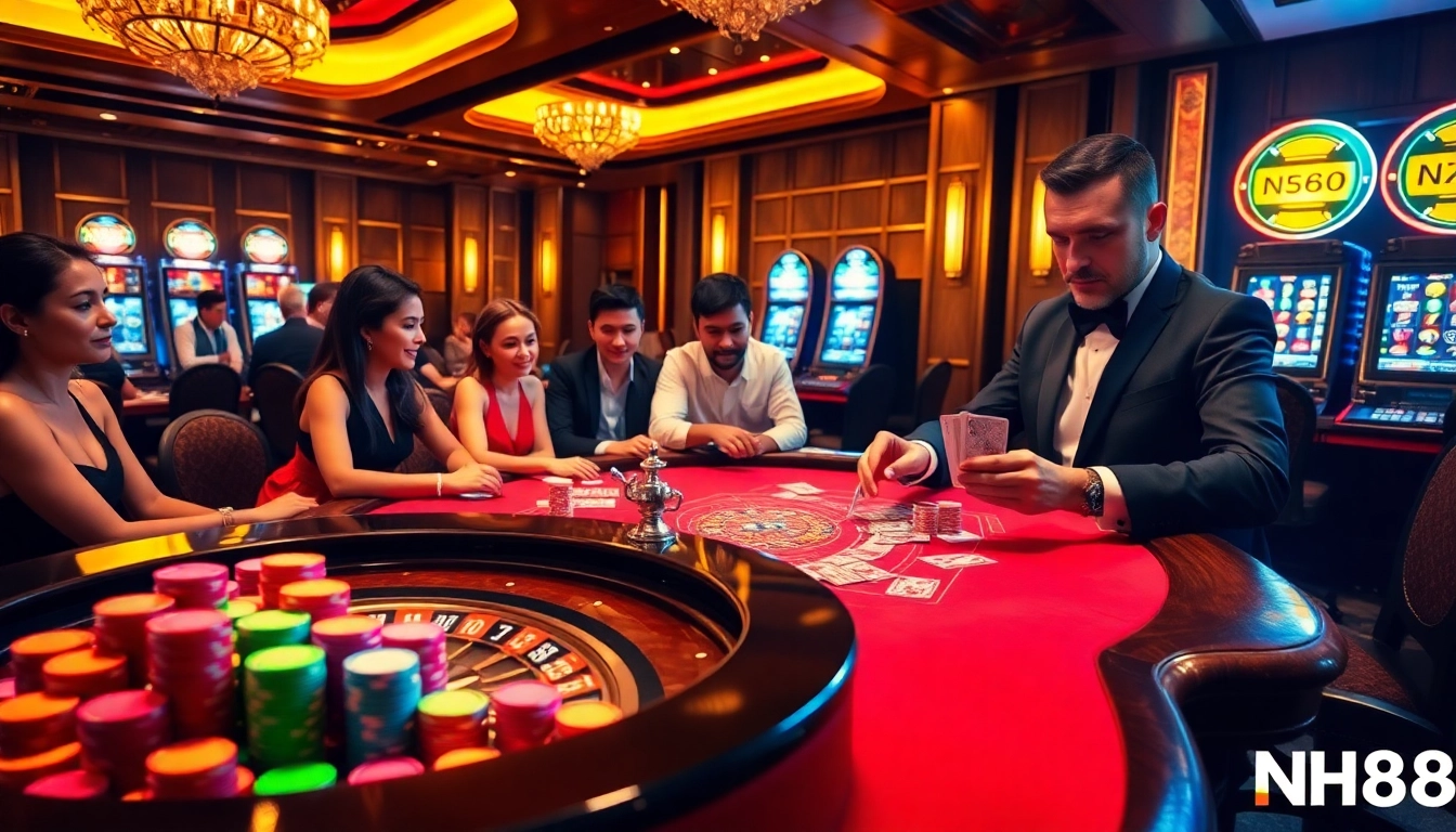 Engaged players at an NH88 casino table, enjoying high-stakes poker and roulette.