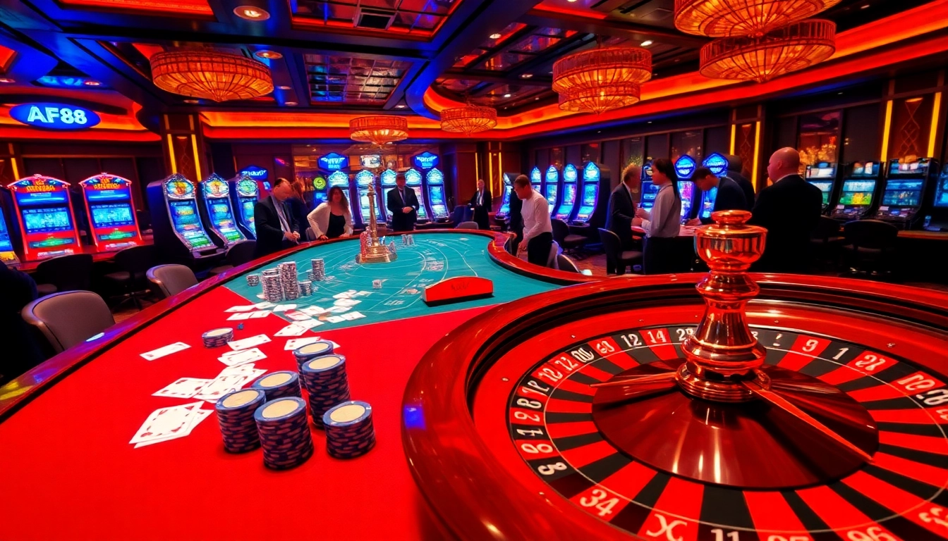 Exciting AF88 casino scene with players at a vibrant poker table and live dealer interaction.