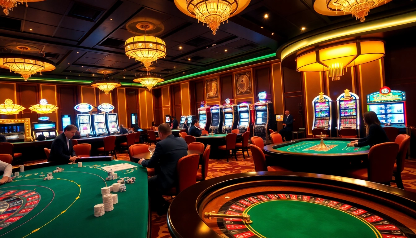 Engaging players at trang chủ TR88 enjoying high-stakes poker with vibrant slot machines in a luxurious casino.
