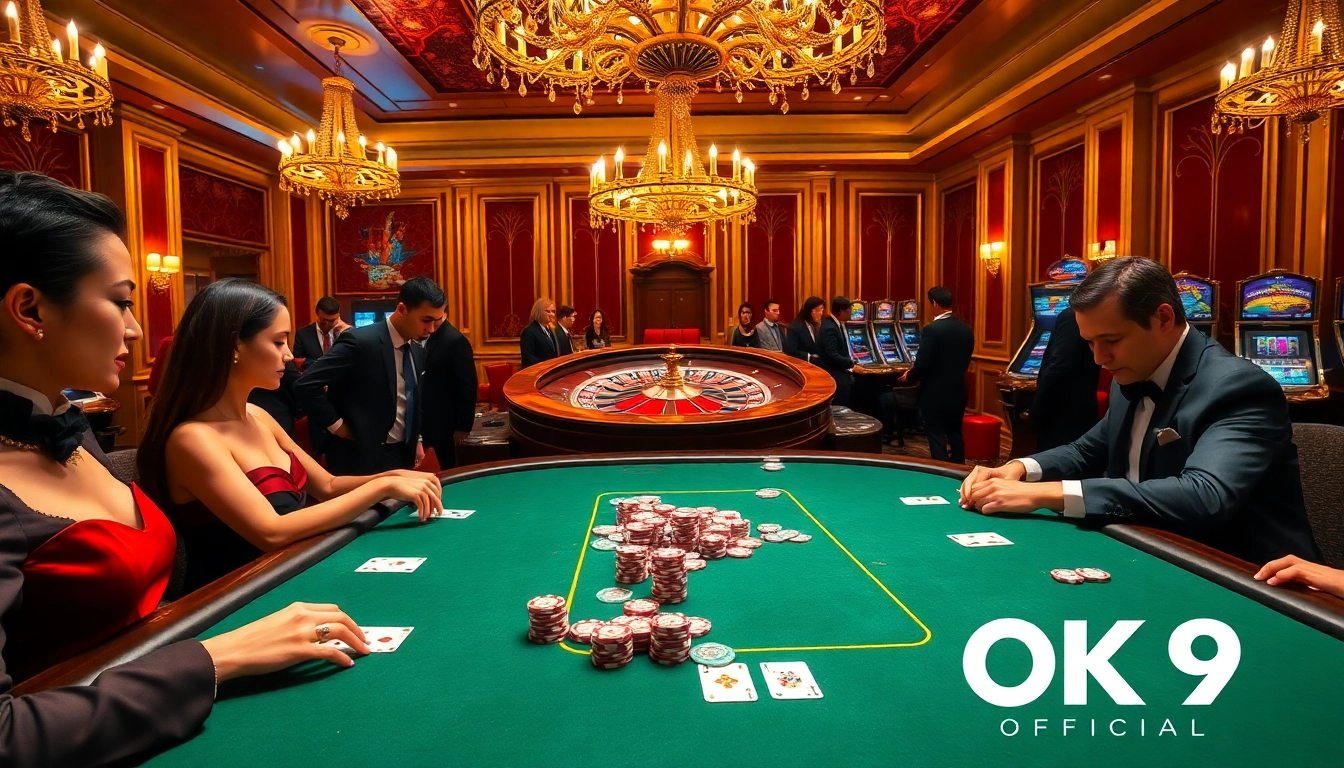 An elegant casino scene showcasing OK9 official branded poker chips and high-stakes gameplay in a luxurious setting.