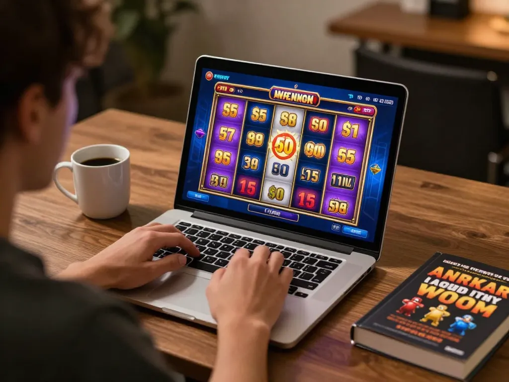 Pemain menikmati permainan slot yang mendebarkan di laptop mereka, menangkap sensasi perjudian online