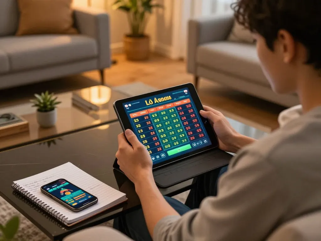 Engaging in đánh đề online gameplay on a tablet at home with strategic insights and cozy decor.