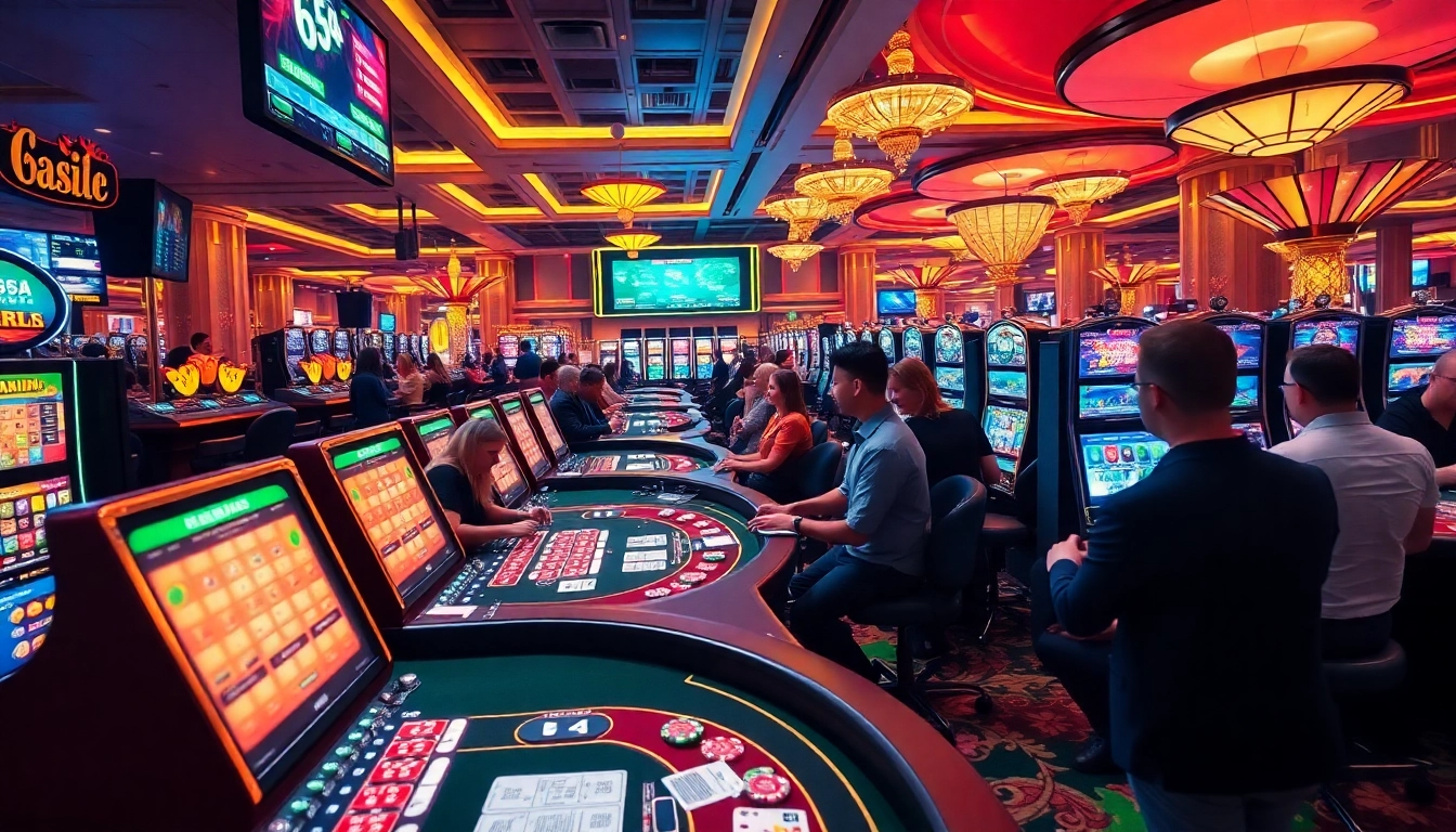 A thrilling gambling scene at 65A casino with vibrant tables and slot machines, representing excitement and luxury.