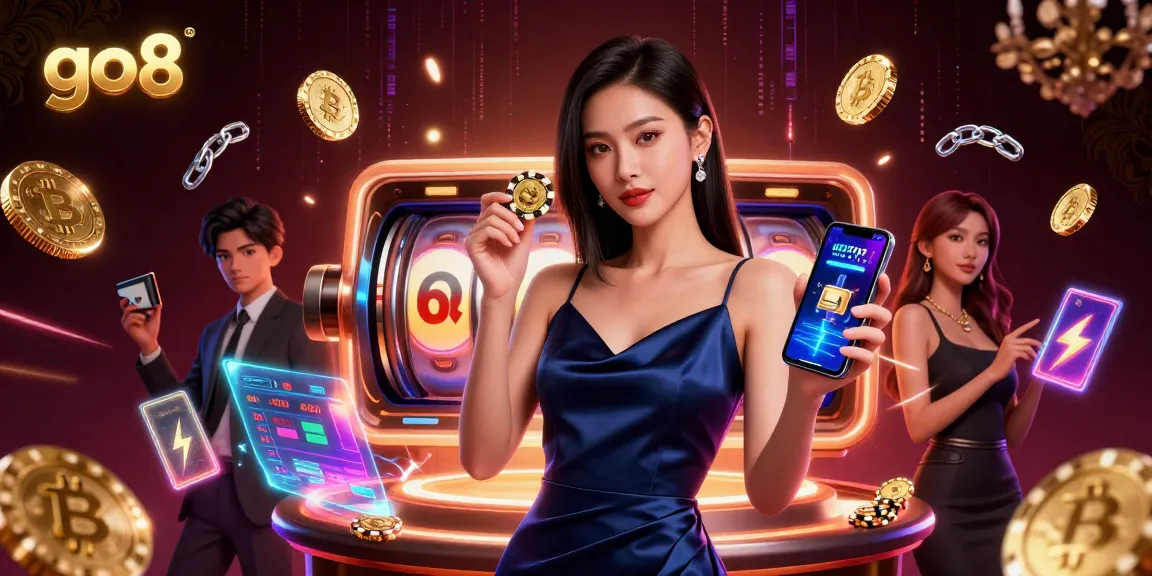 Bet on go8's exciting slot games featuring a stunning Asian woman, dynamic graphics, and digital crypto elements.