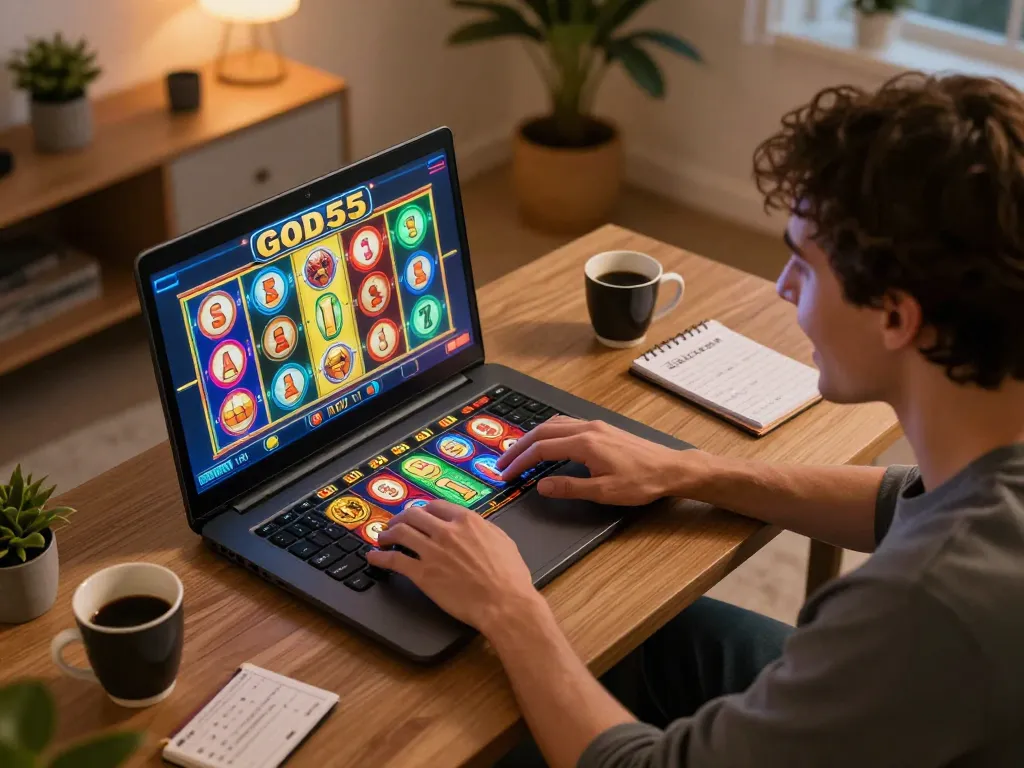 Player enjoying God55 slots online from home with colorful reels and strategic notes