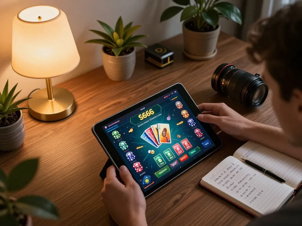 S666 đăng nhập process at a cozy home gaming setup with tablet interface and strategic notes.