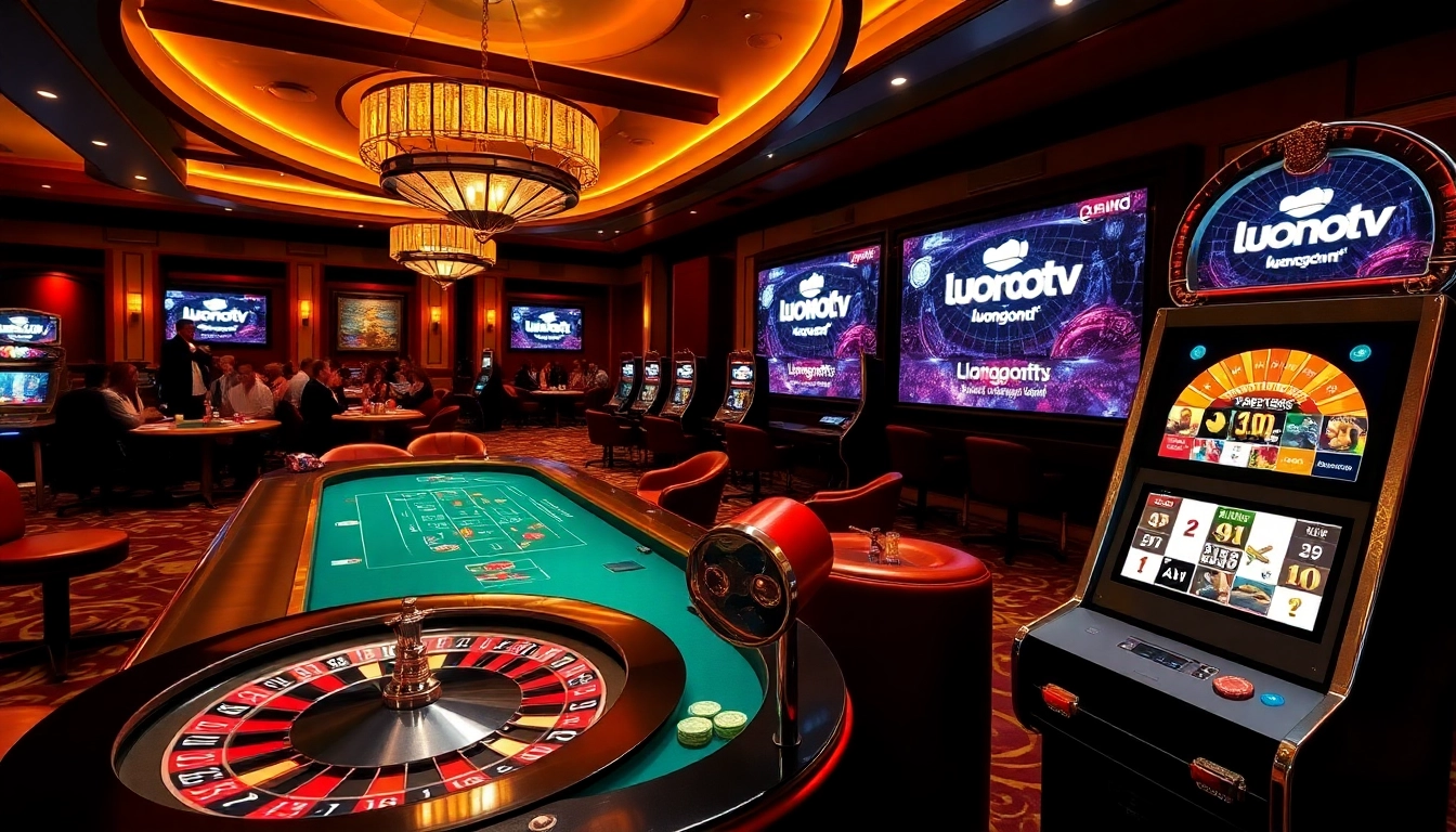 Lush casino interior with luongsontv screens showcasing exhilarating live sports betting moments.