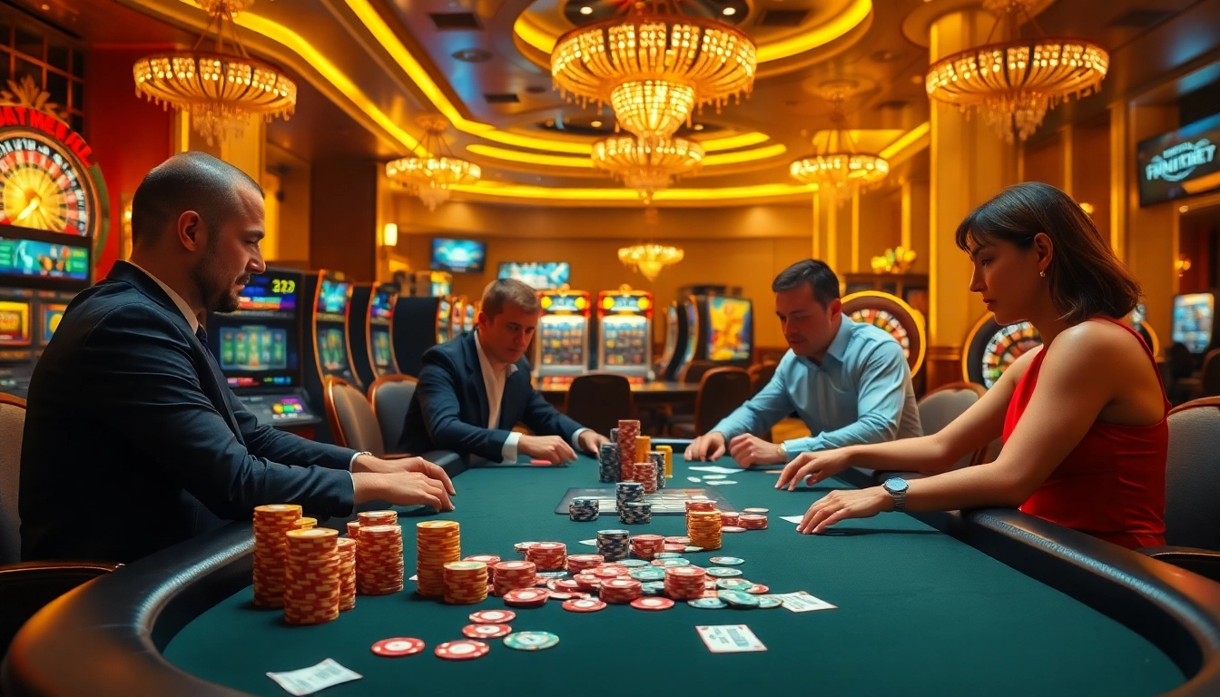 Players enjoying a poker game at a luxurious casino while vaoluoitv shows live football highlights.
