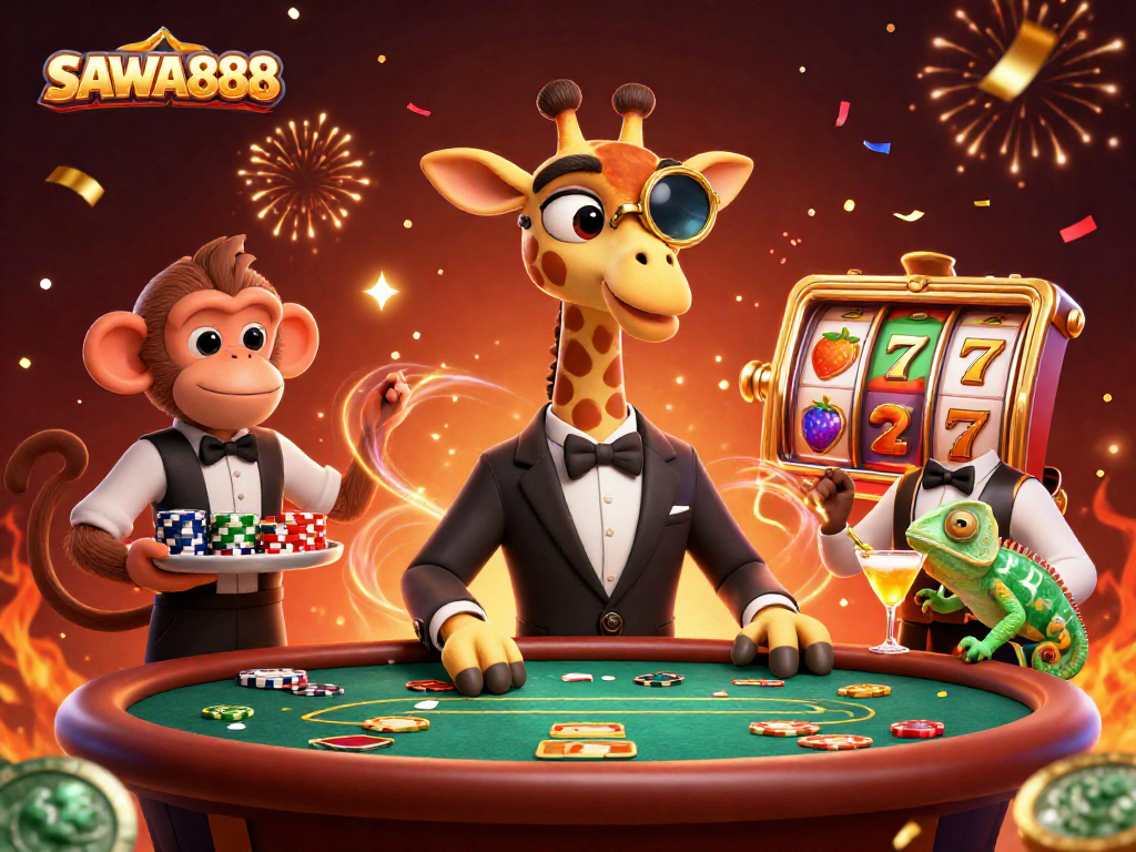 Experience the excitement of SAWA888 with vibrant, engaging casino characters and elements in action.