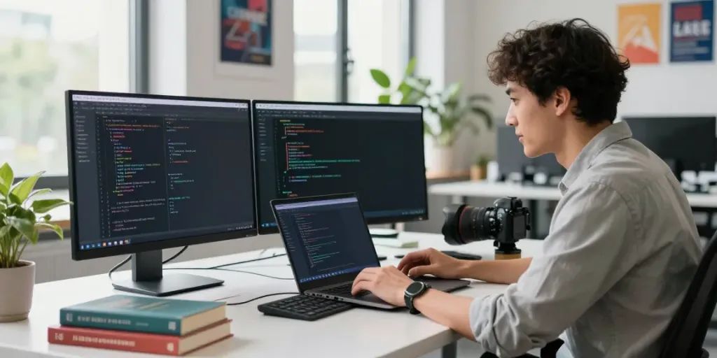 Developer working on instant indexing solutions in a modern tech office.