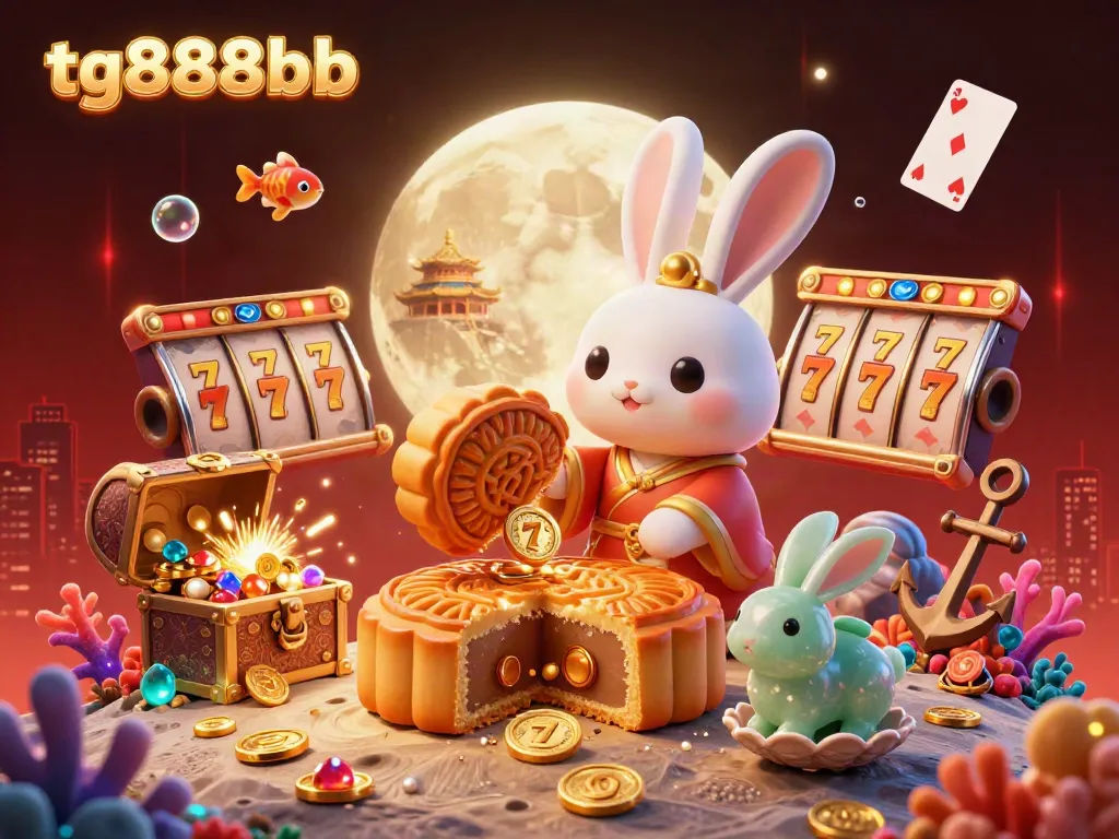 Experience the excitement of tg888bb with a whimsical moon rabbit in a vibrant casino scene filled with treasures and slot elements.
