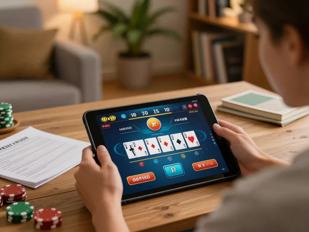 Engaging online gambling moment with vsbet poker game interface on tablet, showcasing strategy in action.