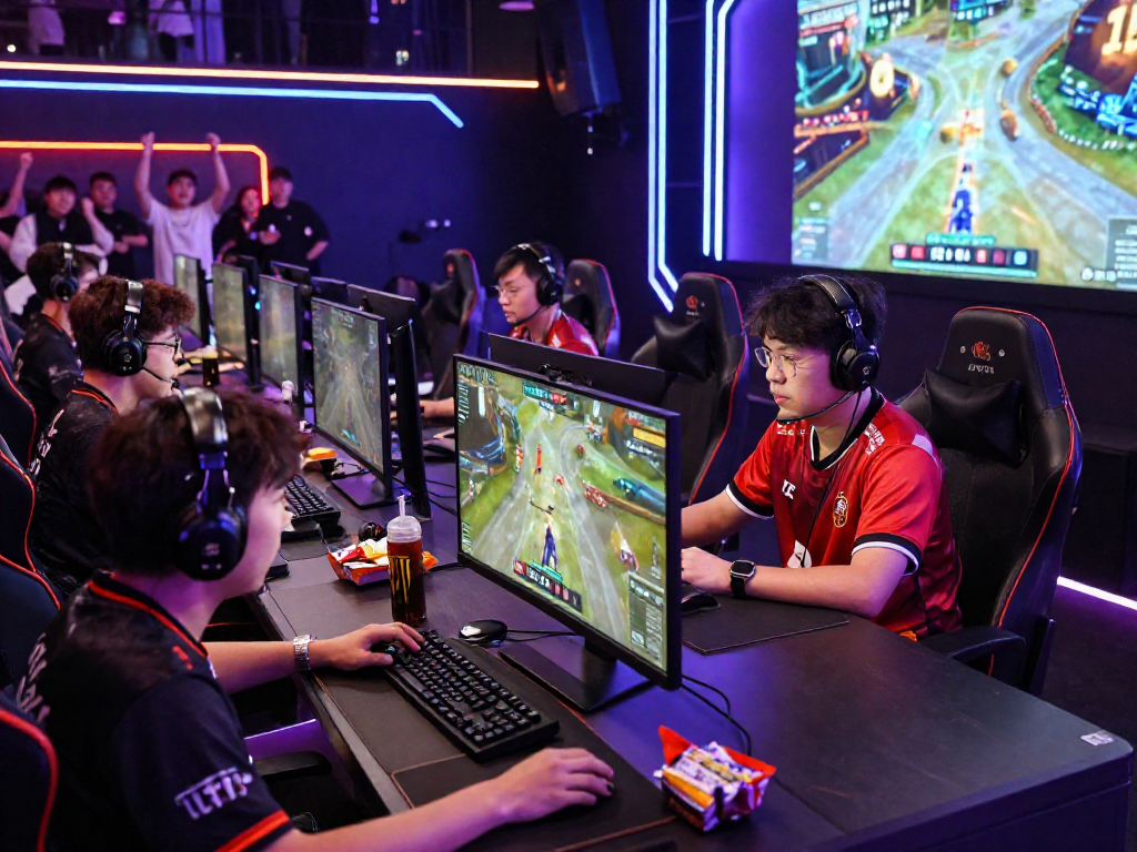 KOMBET168 players competing in a vibrant eSports arena with colorful LED lights.