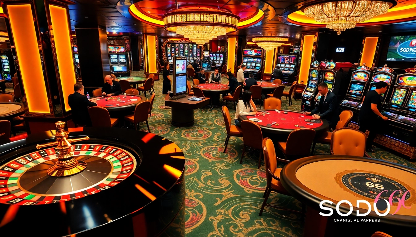 SODO66 players enjoying an exciting game at a luxurious casino with vibrant slot machines and roulette.