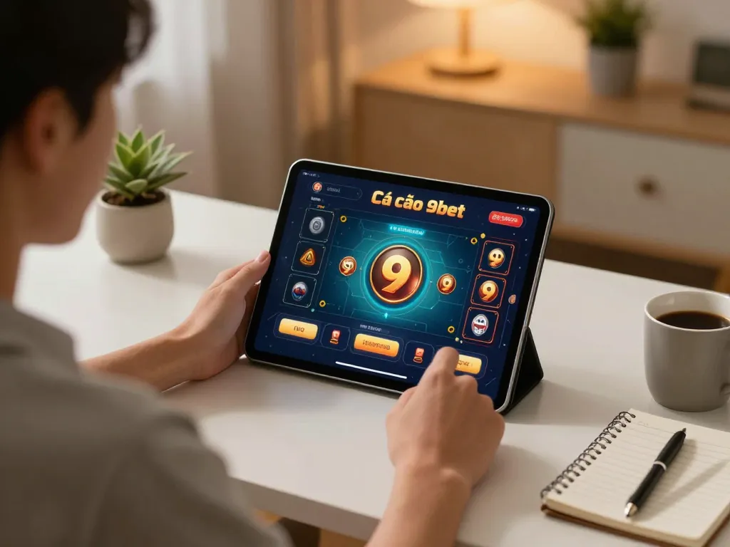 Cá cược 9bet gameplay on a tablet in a cozy home setup, showcasing strategic planning and engagement