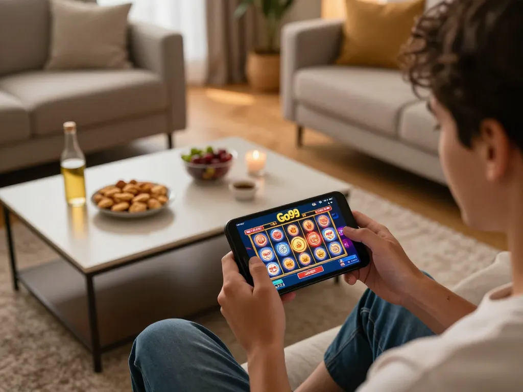 Engaging in Go99 casino app gameplay from home with vibrant slot games on display.