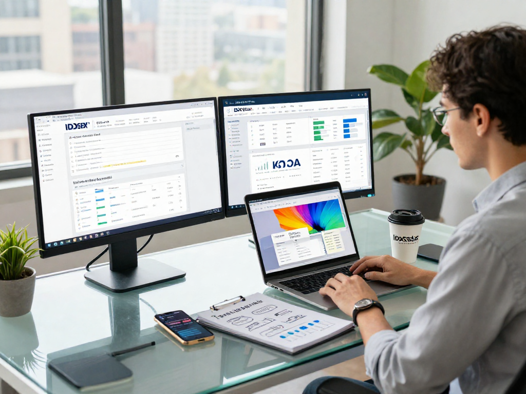 Real estate marketing strategist analyzing IDXSTAR analytics on dual monitors in a modern office.