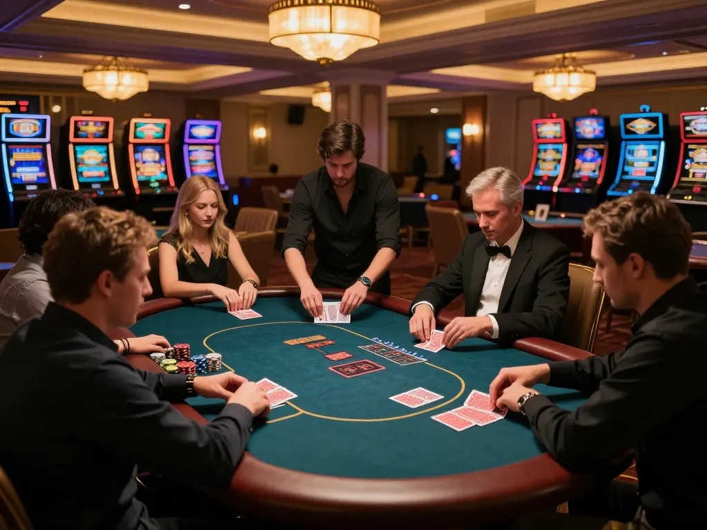 Players engage in strategic gameplay at 88vvgo's upscale poker table, showcasing luxury casino experience.