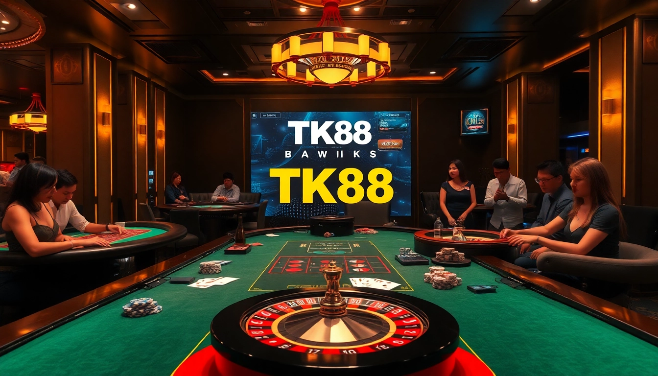 Players enjoying a live dealer experience at TK88 casino, surrounded by poker chips and cards.