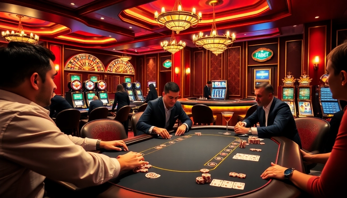 FABET casino scene showcasing players at a poker table with luxurious decor and excitement.