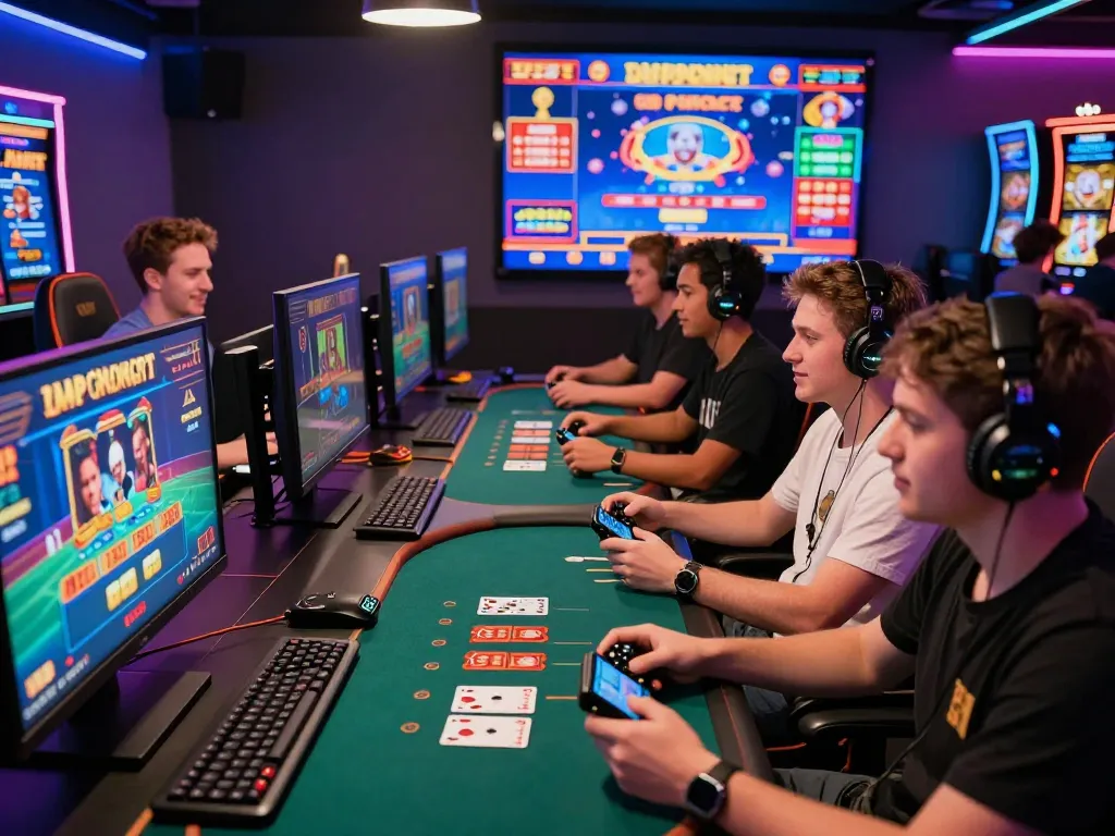 Bj888 players enjoying diverse online casino games in a vibrant gaming lounge, showcasing excitement and accessibility.