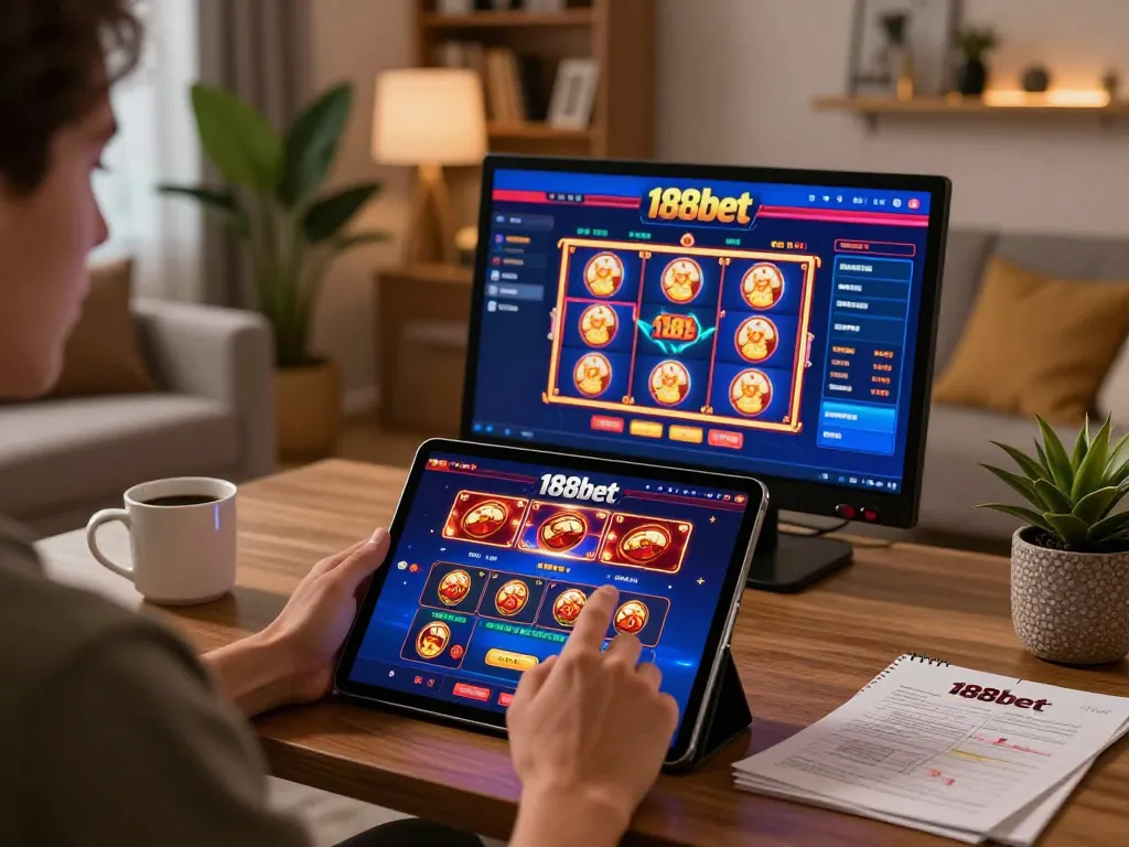 Engaging with 188bet online casino on a tablet in a stylish living room.