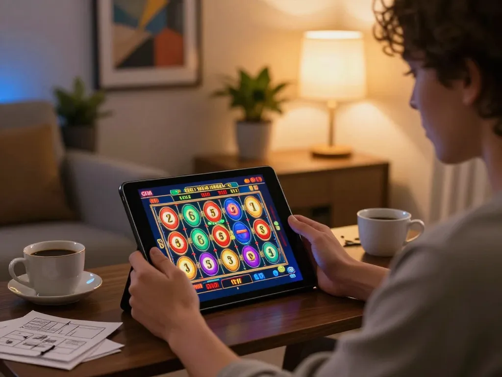 Twin68 online gaming scene with a tablet displaying vibrant slot games in a cozy home setting.