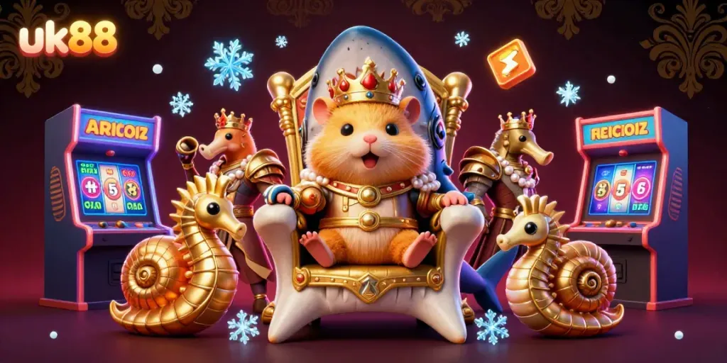 Engage with the uk88 online casino experience, featuring a regal hamster king and vibrant game graphics.