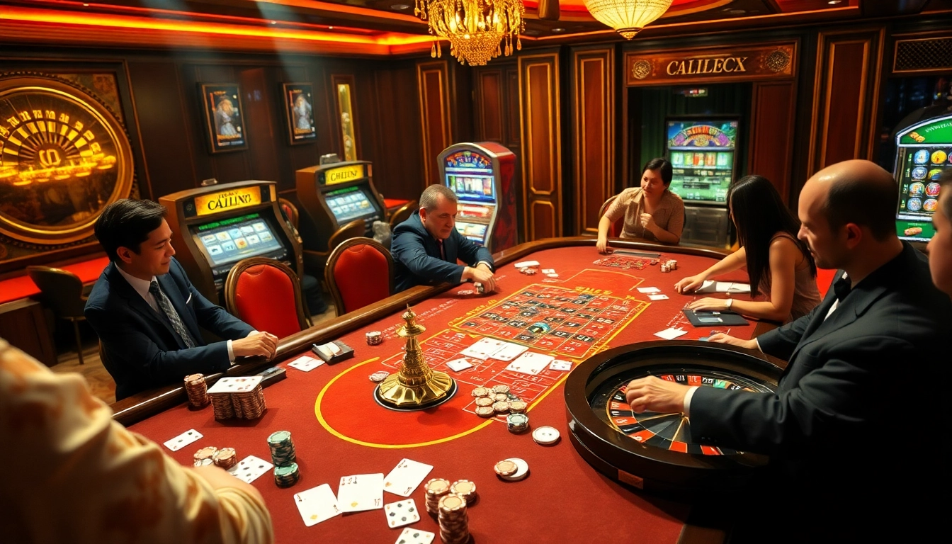 Players enjoying a dynamic game at https://ku88game.com/ casino, featuring poker chips and a roulette wheel.
