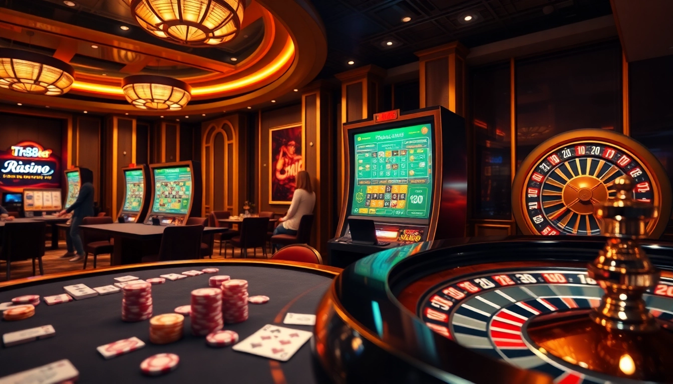 Exciting gamblers engaging with tr88 bet in a luxurious online casino setting.