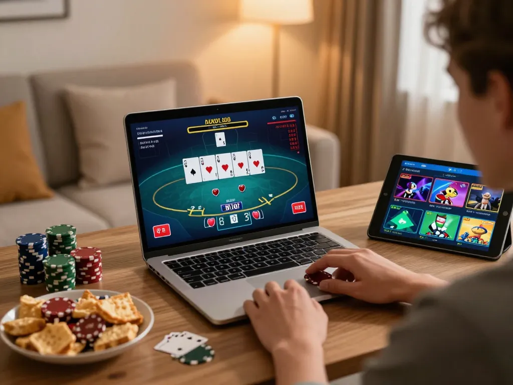 Person enjoying xx88 live poker online, focusing on betting options in cozy home setting.