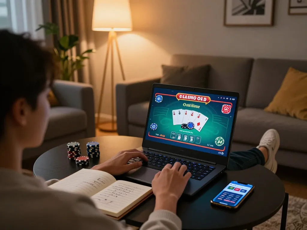 The 90P online casino gaming scene featuring a person placing bets on a laptop in a cozy home setting.