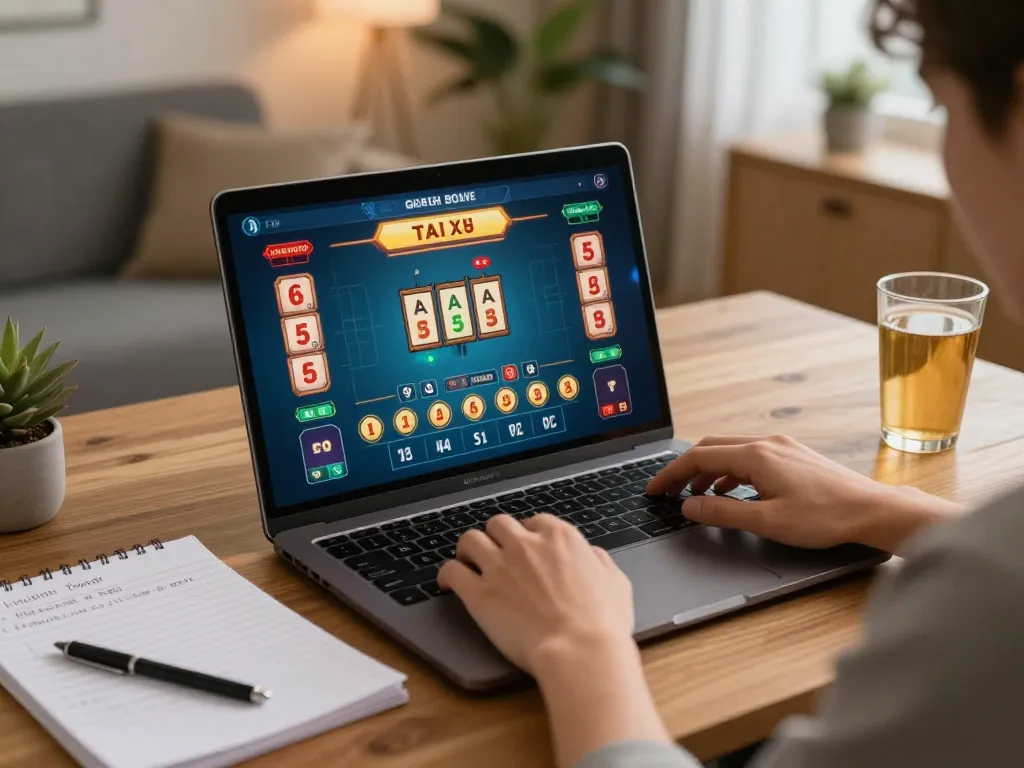 Tai Xiu betting action with a player analyzing strategy notes during an online game