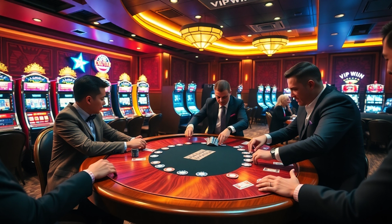 VIPWIN casino scene featuring luxurious decor and excited poker players at an elegant table.