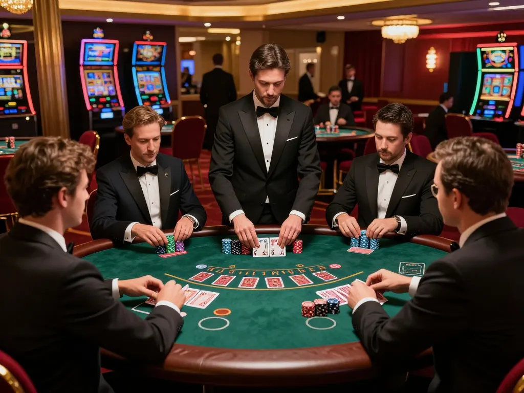 Players strategizing at S666 blackjack table in luxurious casino setting