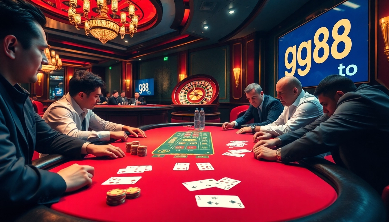 Professionals playing poker at a luxurious table with gg88 to prominently featured in the background.