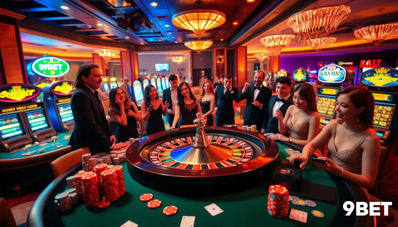 A dynamic casino scene depicting players enjoying excitement at Trang chủ 9BET with chips and cards.