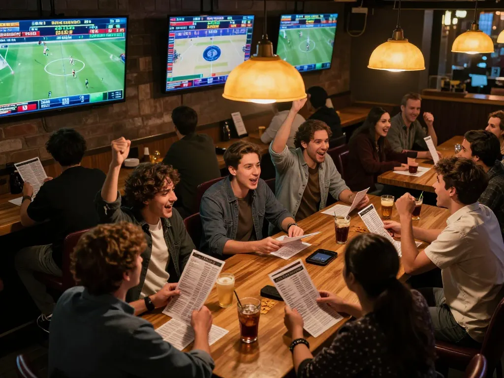 Sports enthusiasts engaging in betting activities at FC88, celebrating their winning predictions in a lively atmosphere.