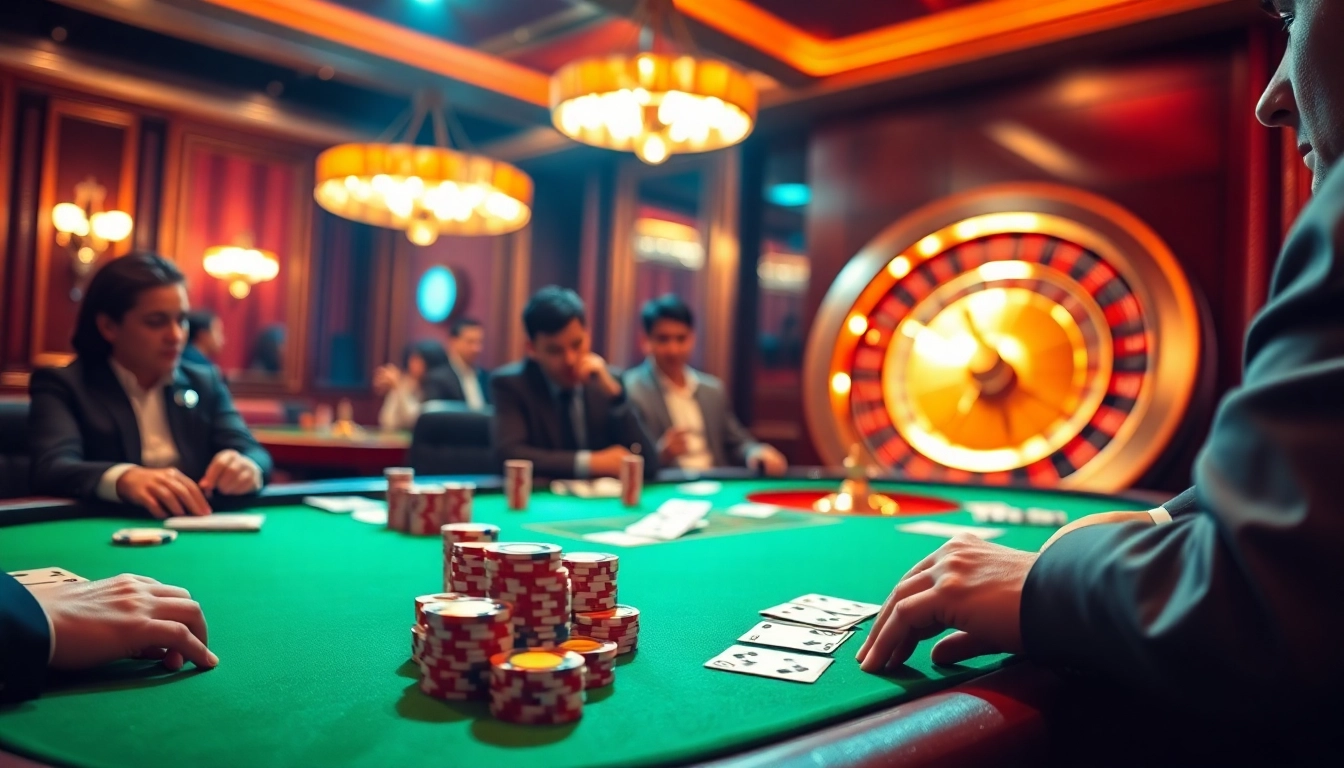 Players strategizing their next move at a lavish Mm88 poker table in a vibrant casino.