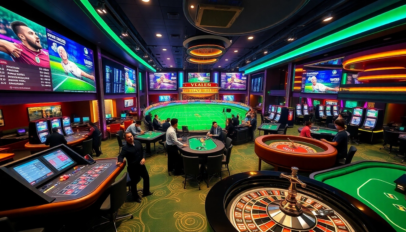 Experience thrilling sports betting at https://tx88.network/ with modern kiosks and players engaged in action.