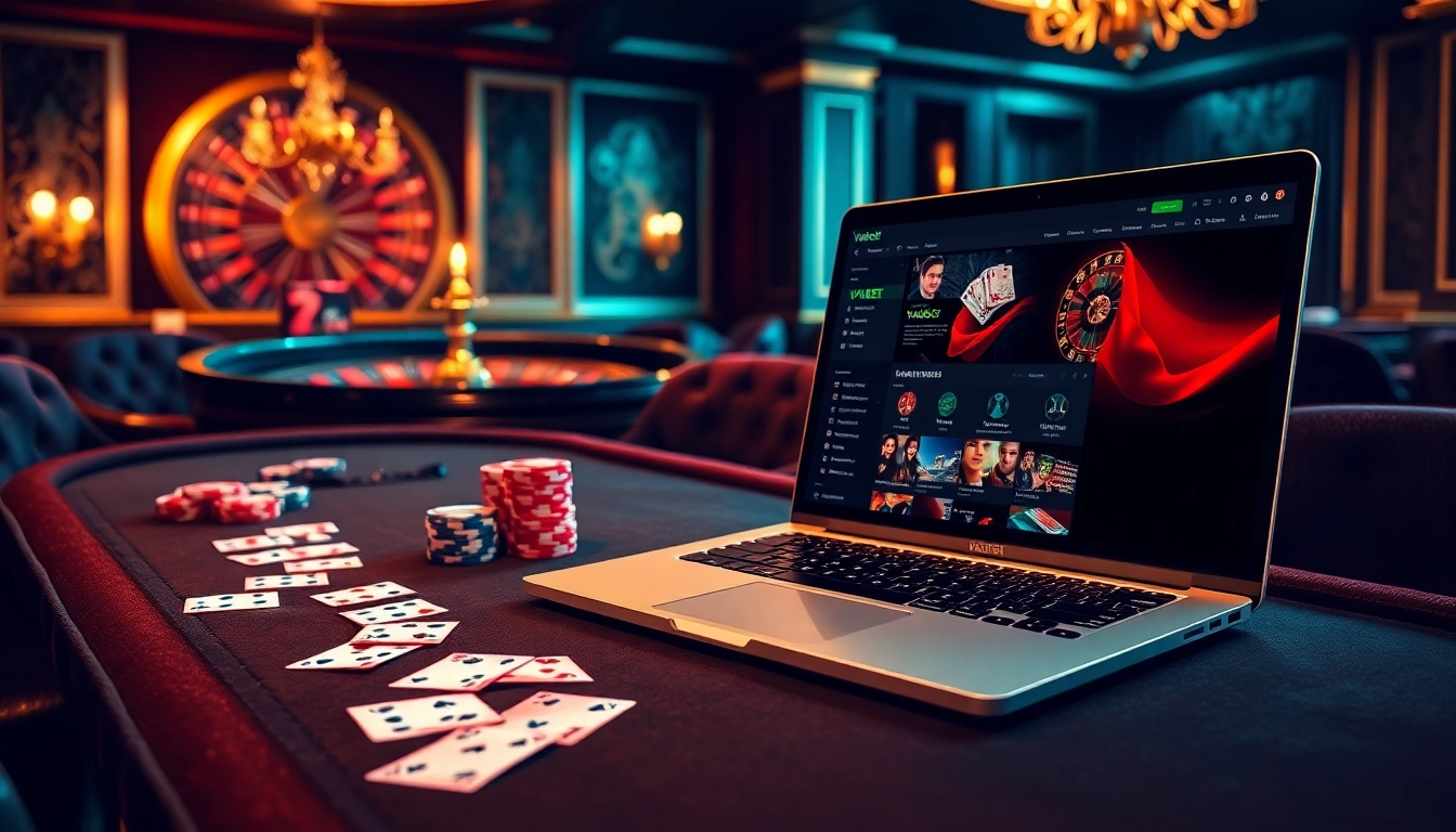 Vaobet elevates the poker experience with a luxurious gaming setup featuring vibrant chips and a roulette wheel.