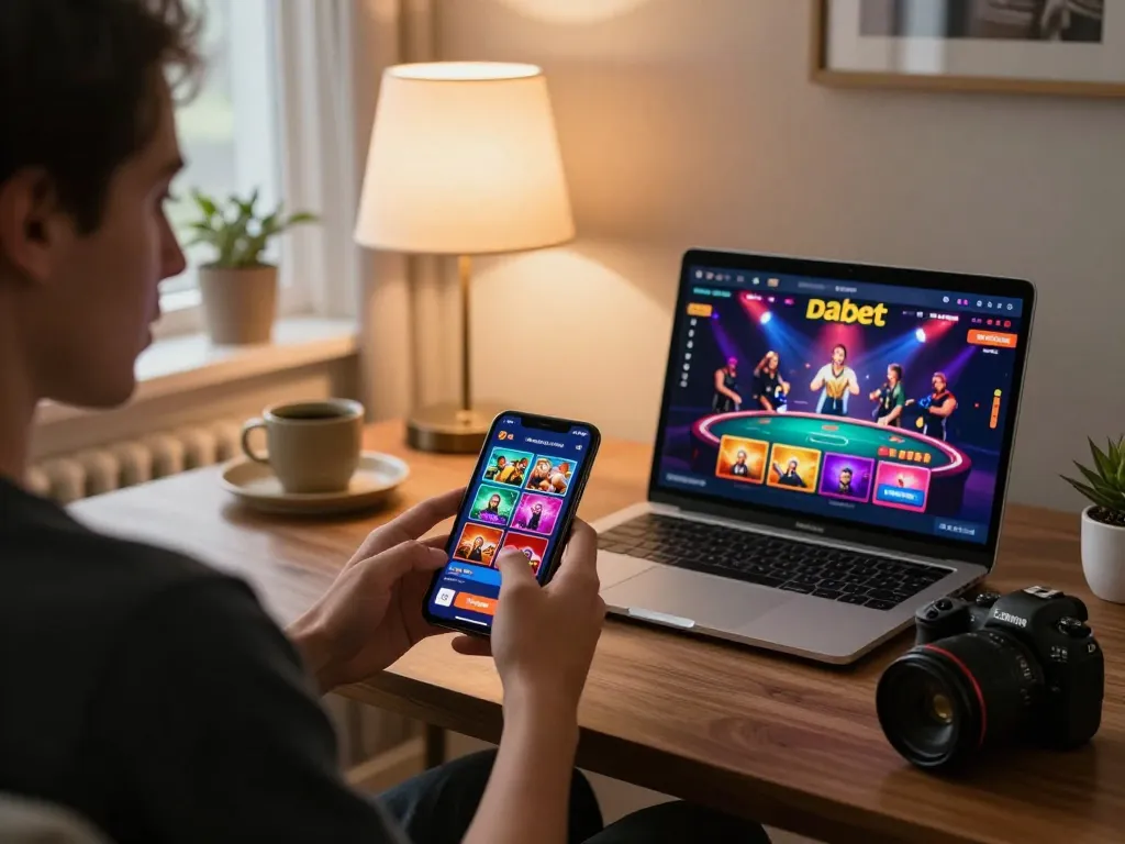 Login Dabet app experience on a smartphone in a cozy home setting, vibrant interface visible