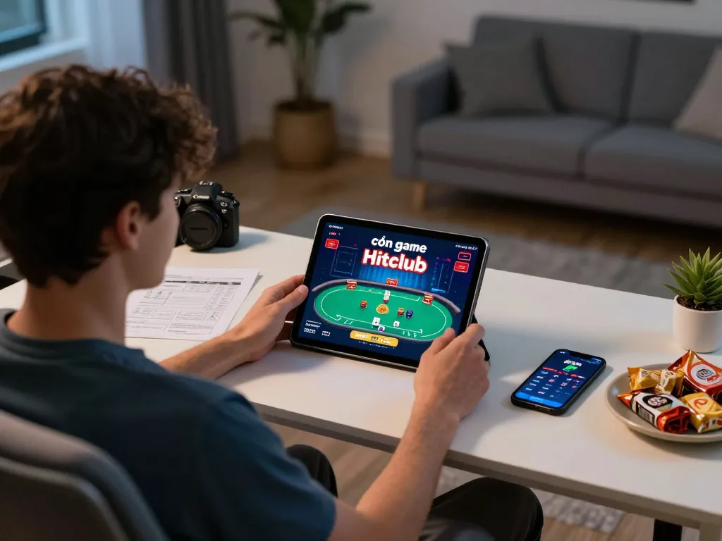 Engaging gameplay at cổng game Hitclub with a person focused on poker strategy in a cozy home office.