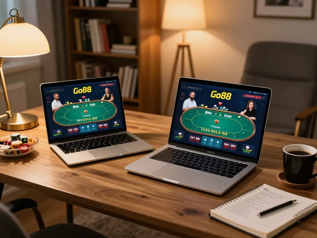 Engaged player using Go88 for an exciting online poker game with strategic notes nearby.