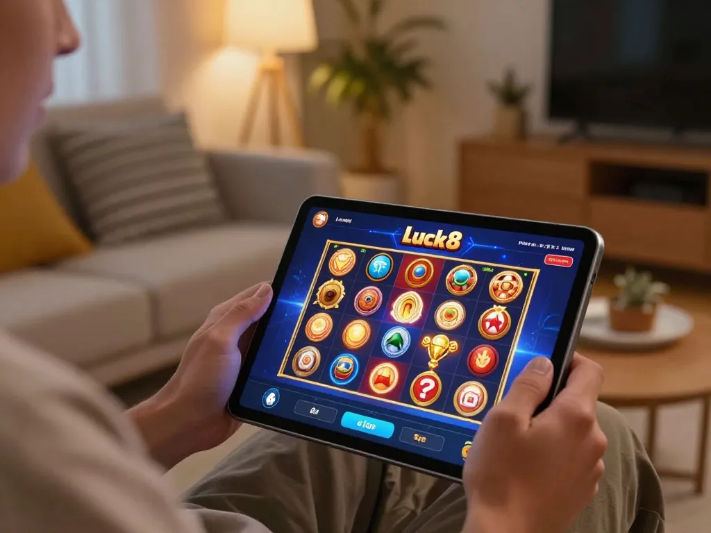 Luck8l user enjoying vibrant slot games on a tablet in a cozy home setup.